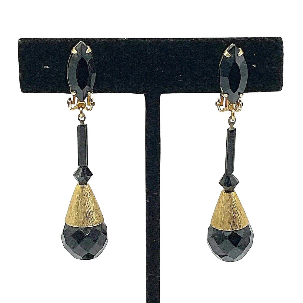 Lewis Segal Black Glass Earrings Clip Art Deco Beauties Vintage Signed